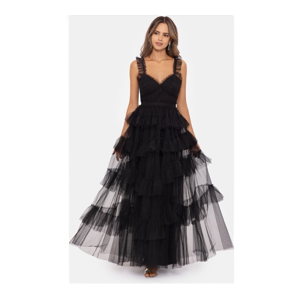 Betsy & Adam Black Ruffled Tiered Tulle Maxi Gown